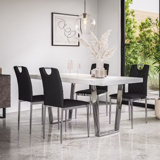 More4Homes Aria Dining Table Set with 6 Monza Faux Leather Chairs, Black Marble Effect and Chrome Legs