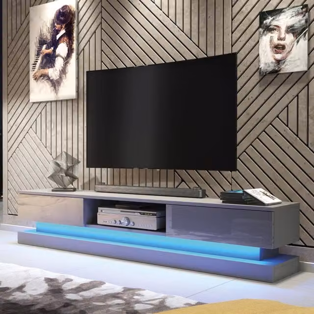 Mex Furniture LTD Modern TV Unit with LED Lighting and Glossy Doors in Dark Grey, W: 180 cm, H: 36 cm, D: 35 cm