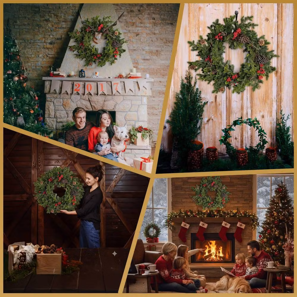 Shatchi Artificial Fir Christmas Wreath in Green and Red, Diameter: 60 cm – 8
