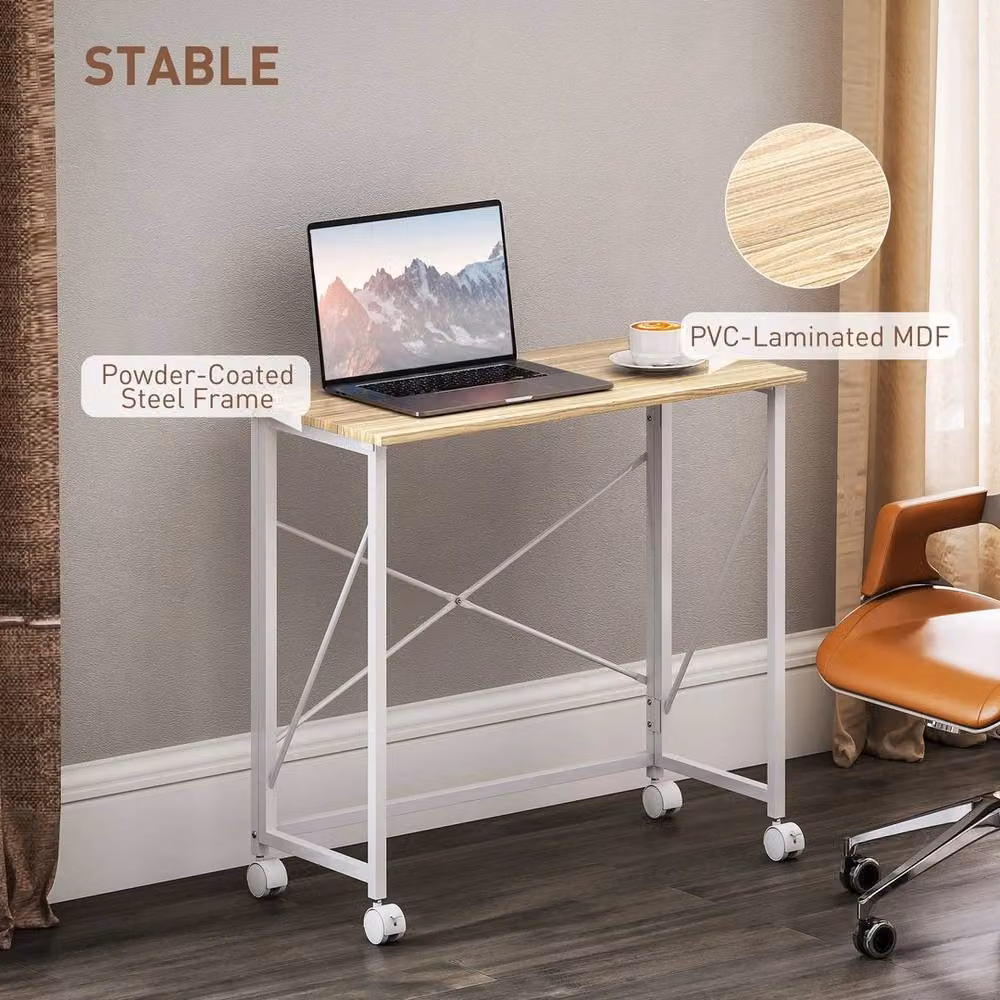 EONLION Folding Computer Desk with Castors for Home Office in White or Beige, W: 100 cm, H: 75 cm – 2