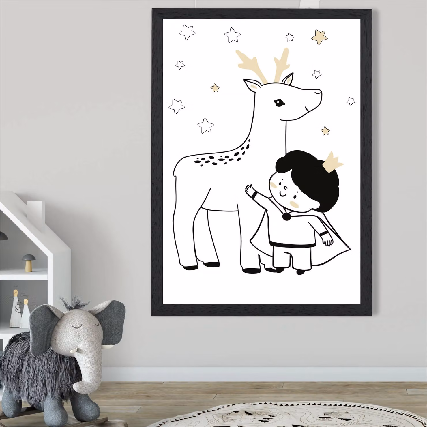 ARTZE Scandi Prince Little Boy with Reindeer Framed Print, Multicolour, Black Frame – 2