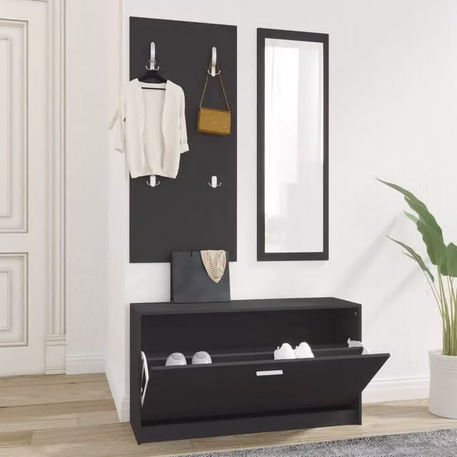 Berkfield Home 3-in-1 Modern Black Shoe Cabinet Set with Mirror and Wall Rack – 1