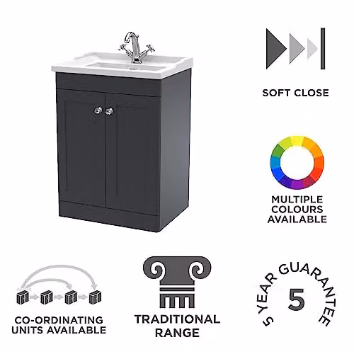nuie Classique Traditional 2 Door Floor Standing Bathroom Vanity Unit with 1 Tap Hole Ceramic Basin, Soft Black, W: 60.0 cm, D: 47.0 cm, H: 85.8 cm – 2