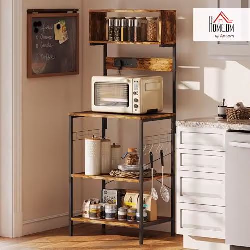 HOMCOM Kitchen Storage Rack with Power Outlet, Rustic Brown and Black, W: 60 cm, D: 42 cm, H: 153 cm – 2