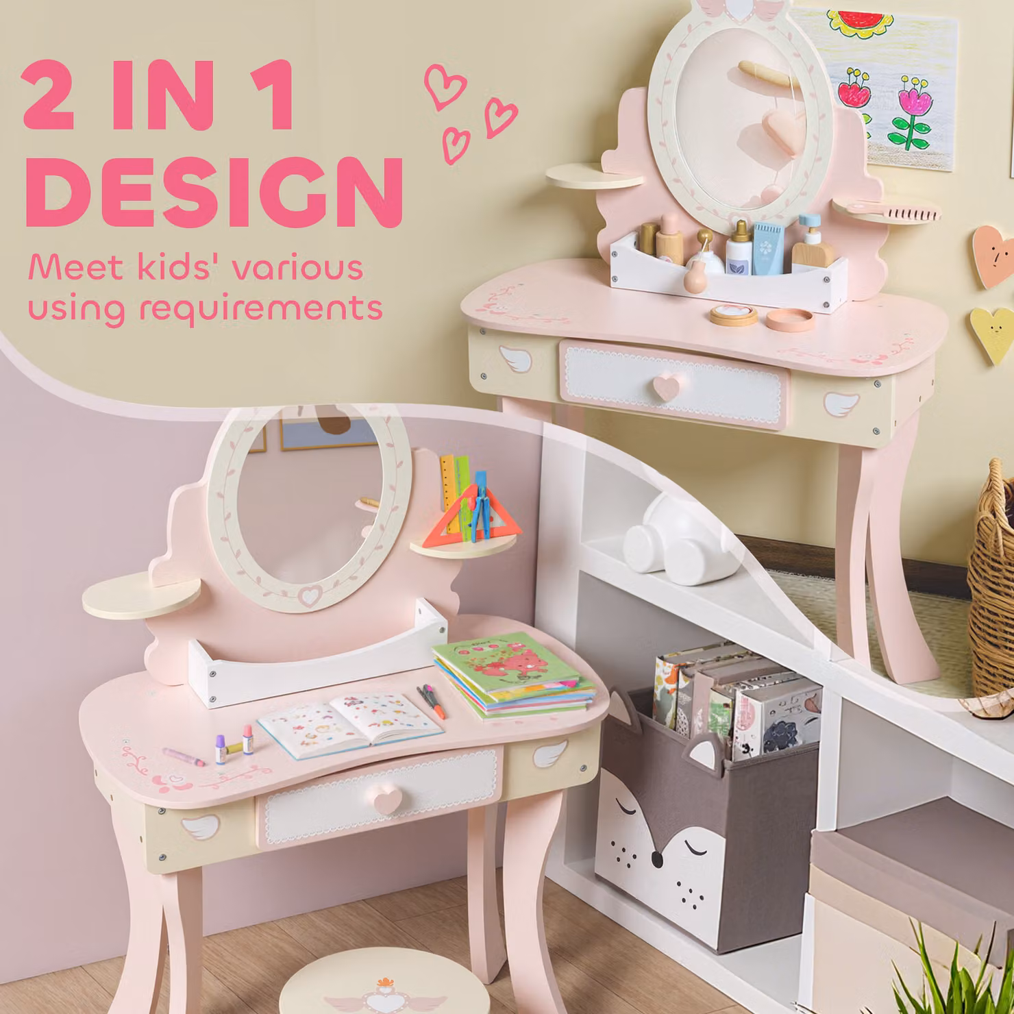 AIYAPLAY Kids Dressing Table and Vanity Set with Mirror, Stool, Drawer and 7 Accessories, Pink – 2