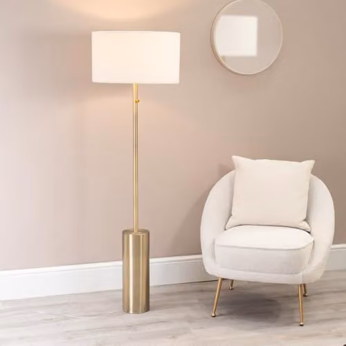 ValueLights Antique Brass Single Stem Dimmable Floor Lamp with Cream Boucle Cylinder Shade – 2
