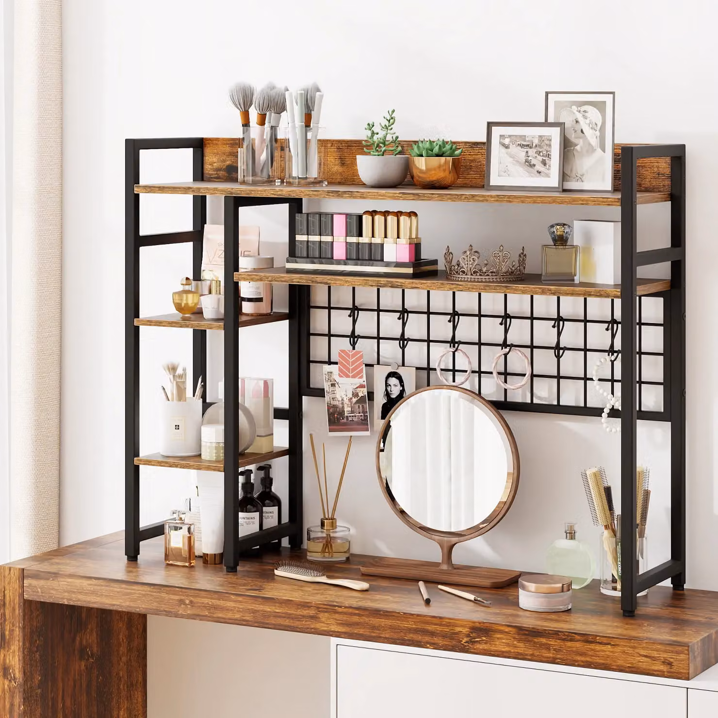 Gymax 4-Tier Desktop Display Rack with Metal Grid Panel in Brown – 4