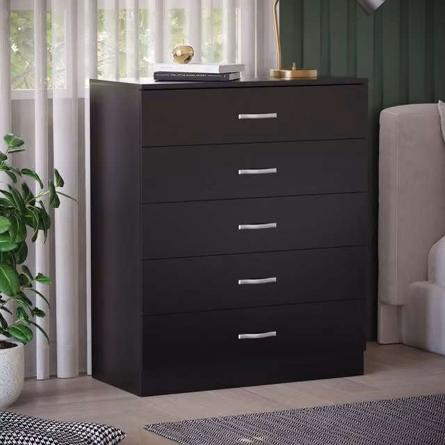 Vida Designs Modern 5 Drawer Chest in Black with Silver Details