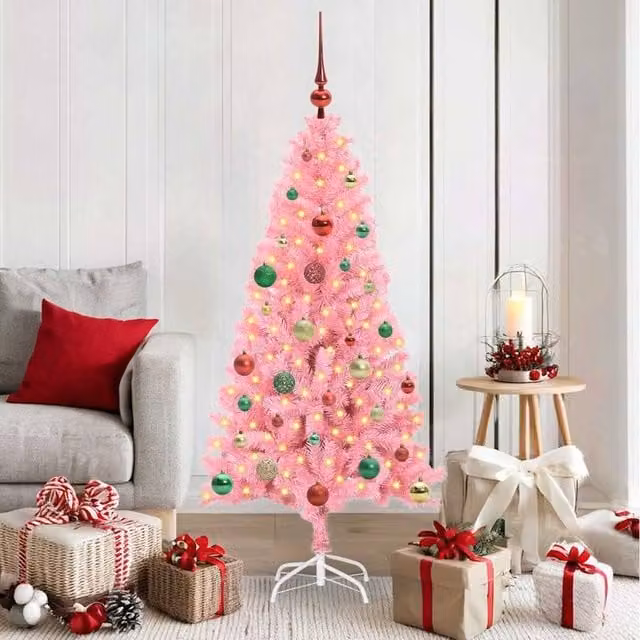 Berkfield Home Pink PVC Christmas Tree with 150 LEDs and Stand, Height: 150 cm