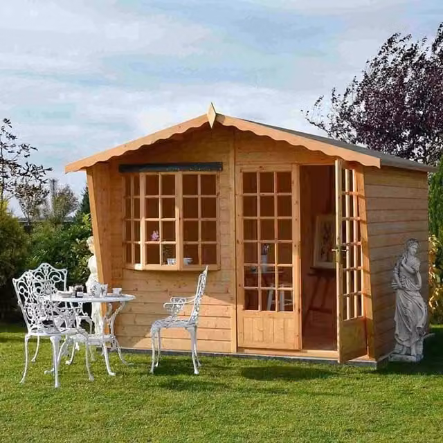 Shires Sandringham Wooden Summerhouse with Double Doors and Fixed Windows in Light Brown, W: 304.8 cm, D: 182.88 cm, H: 167 cm