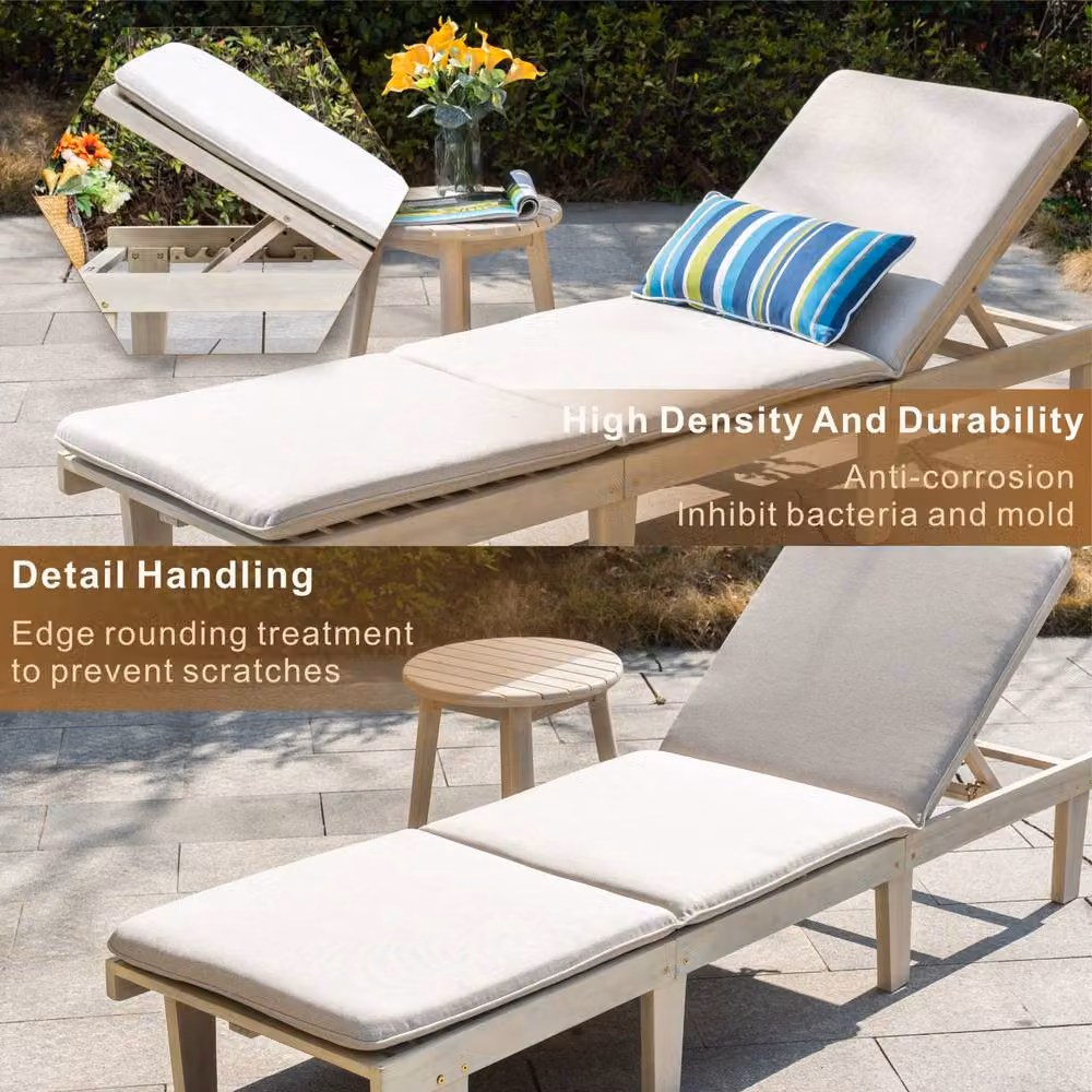 Direct Wicker 2 Pack Acacia Wood 5-Position Adjustable Lounge Chairs with Side Table and Beige Weatherproof Cushions – 3