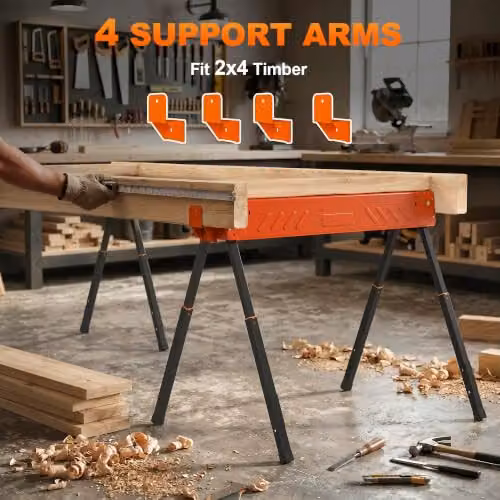 HOMCOM Twin Pack of Orange Metal Saw Horses with Height Adjustable Legs, 500 kg Capacity – 6