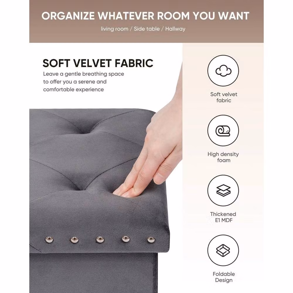 FORGEVIO Grey Velvet Storage Ottoman Footstool, W/D/H: 32 x 42 x 32 cm – 3