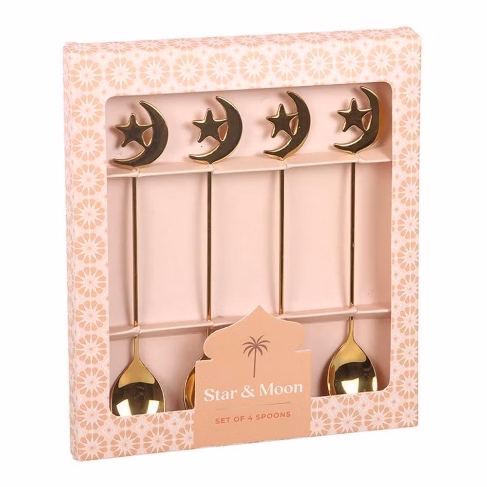 Uniqueful Set of 4 Polished Gold Metal Star and Moon Teaspoons – 2