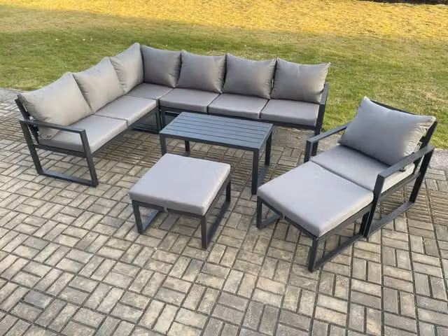 Fimous 9 Seater Outdoor Lounge Corner Sofa Set in Dark Grey with Oblong Coffee Table and 2 Ottomans