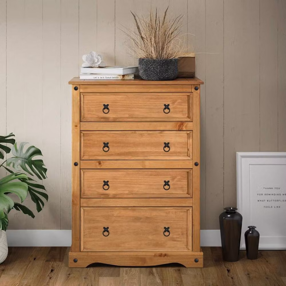 FORGEVIO Compact 4 Drawer Chest in Natural Rustic Pine Wood and Metal, Brown and Beige – 3