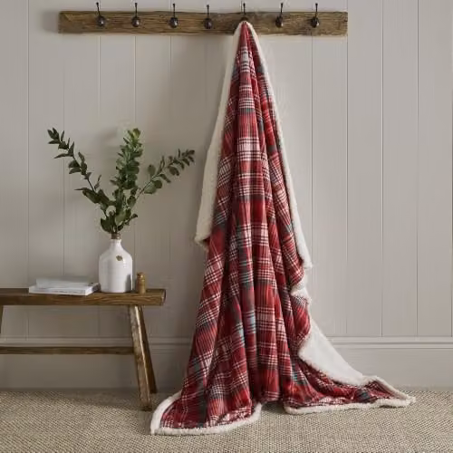 Dreams & Drapes Bennet Check Red Fleece and Sherpa Reverse Throw, W/D/H: 150 x 200 cm