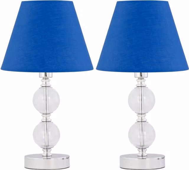 First Choice Lighting Set of 2 Chrome Two Ball Table Lamps with Royal Blue Fabric Shades