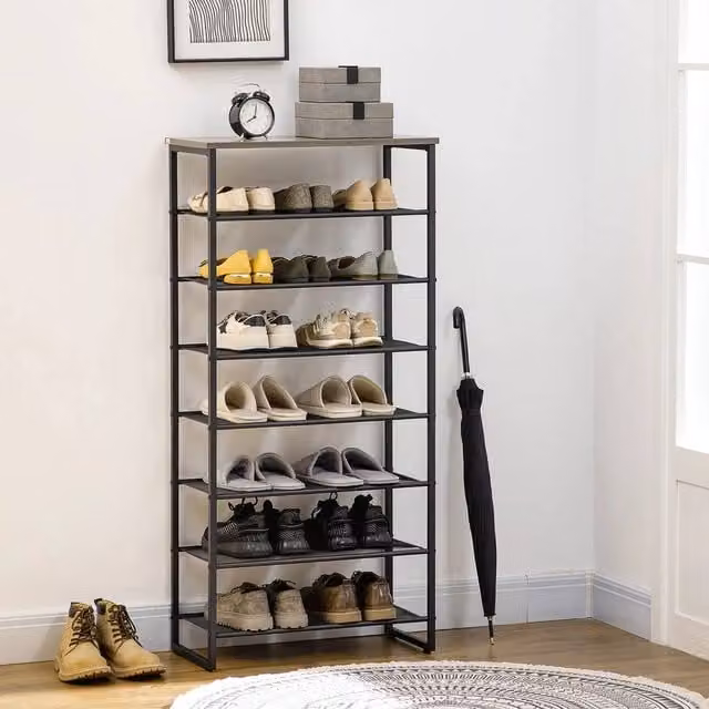 FORGEVIO 8-Tier Metal Shoe Rack Storage Organiser with Mesh Shelves in Black, W/D/H: 60 x 28.5 x 126 cm – 1