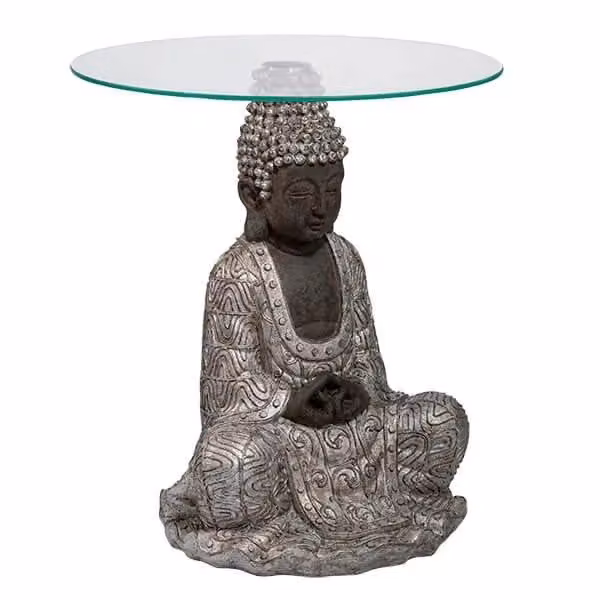 Madison & Mayfair Silver Sitting Buddha Side Table with Clear Glass Top, W/D/H: 43 x 43 x 48.5 cm – 2