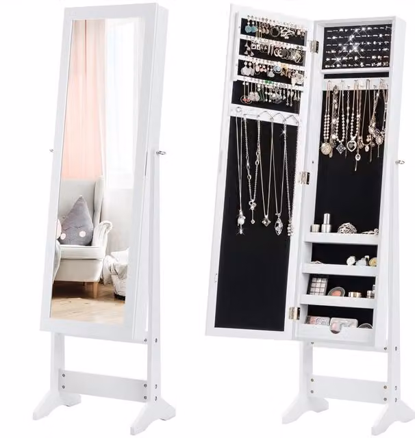 Costway White Mirrored Standing Jewelry Armoire with Full-Length Mirror and Internal Shelves