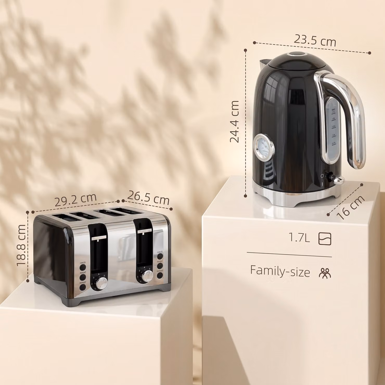 HOMCOM Retro Kettle and Toaster Set in Black and Silver with 2500W Power and Auto Shut-off – 3