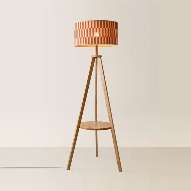 Morrigan Shelf Tripod Floor Lamp with Orange Checkerboard Bamboo Shade in Brown and Wood
