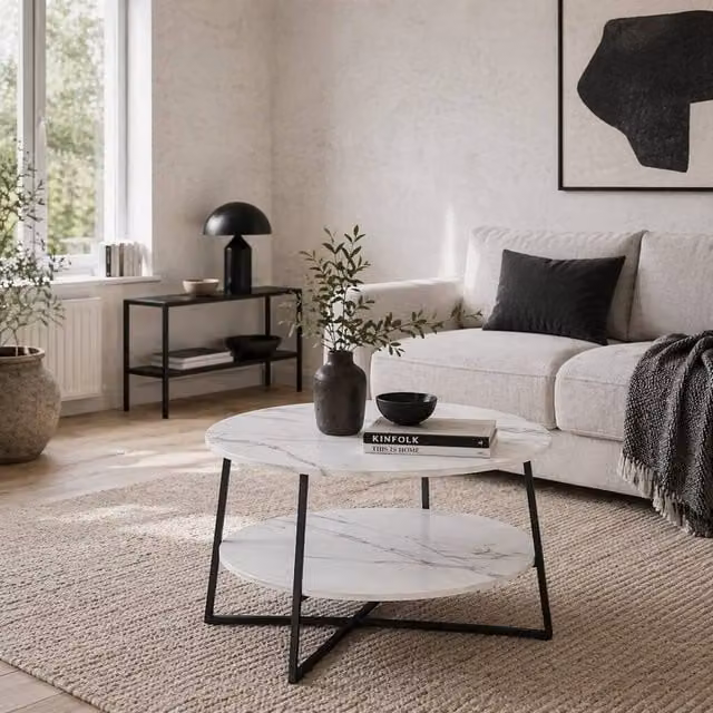 Wyld Haus Two Tier Round Marble Effect Coffee Table with White Top and Black Metal Frame