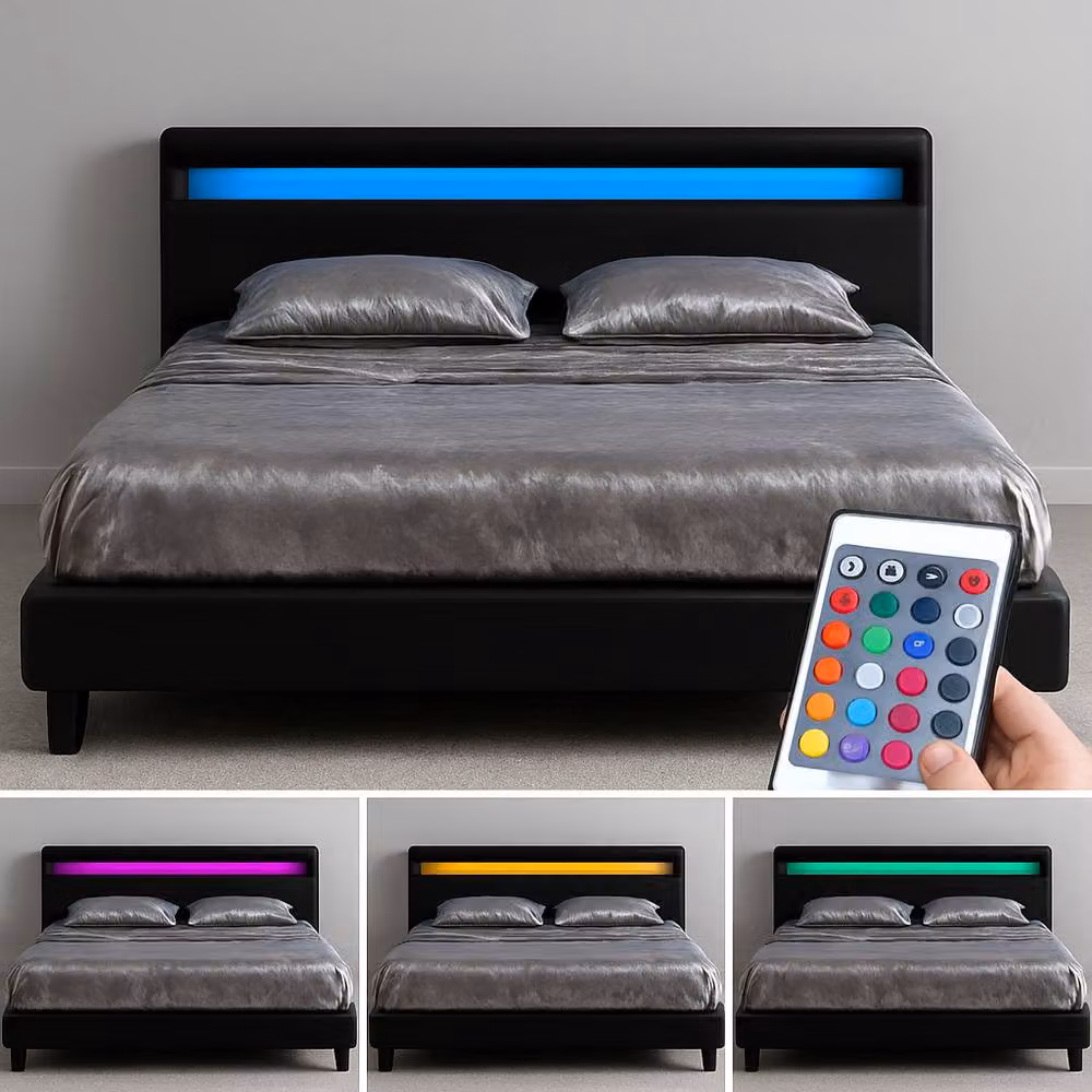 Harmin Black Faux Leather LED Upholstered Small Double Bed Frame, W/D/H: 120 x 200 cm – 2