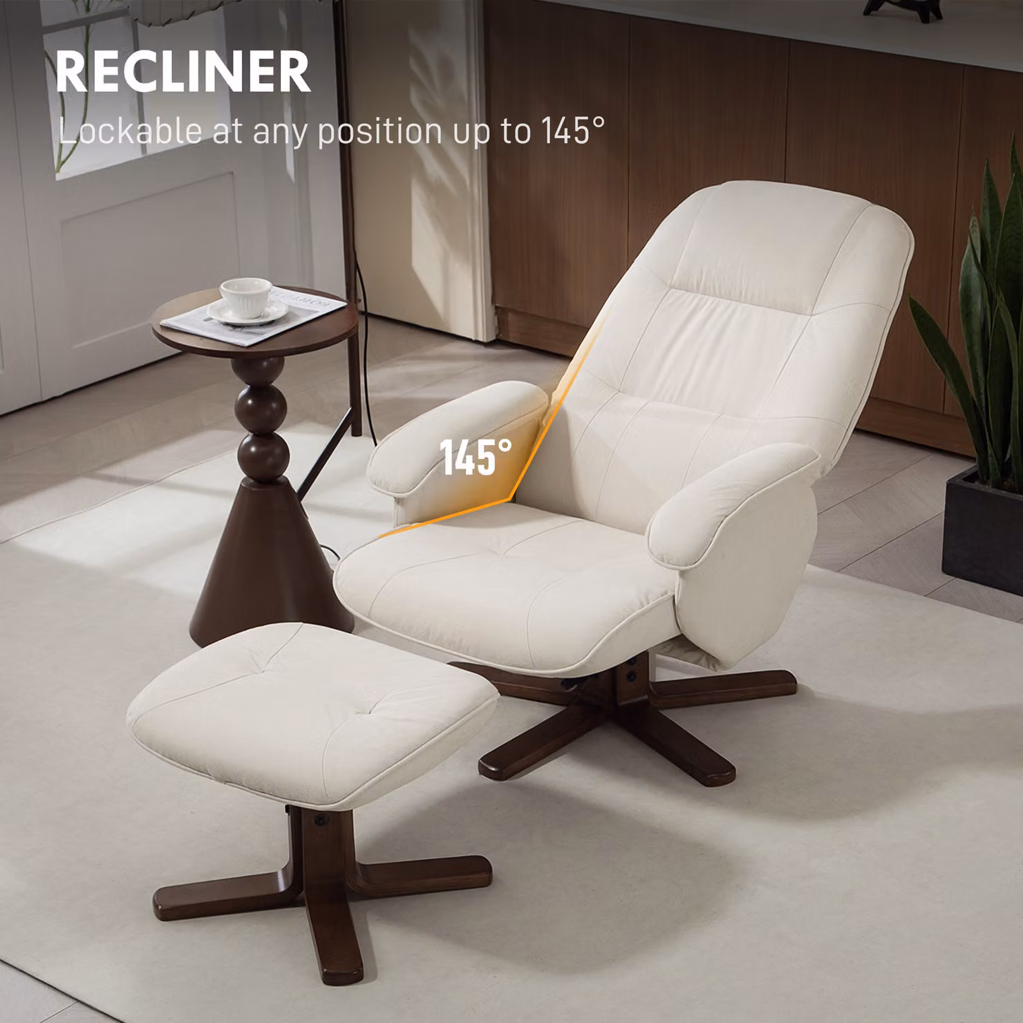 HOMCOM Reclining Swivel Chair and Footstool Set in Beige Linen Fabric with Wooden Base – 4