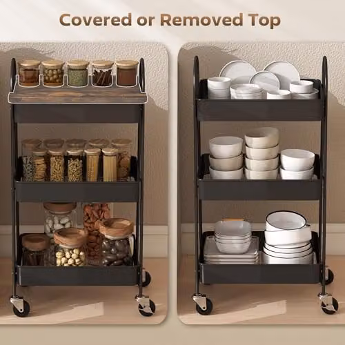HOMCOM 3-Tier Freestanding Storage Trolley with Covered Top Board in Rustic Brown and Black, W: 32.0 cm, D: 45.0 cm, H: 77.5 cm – 4