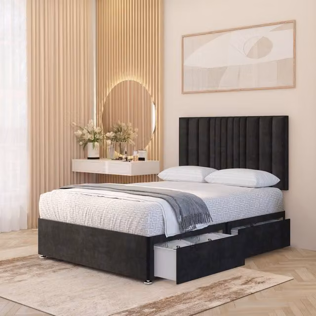 Somnior Beds Ltd Arizona Plush Velvet Orthopaedic Divan Bed Set with Hybrid Mattress and 32 inch Headboard, Black, W/D/H: 200 x 200 x 34.5 cm