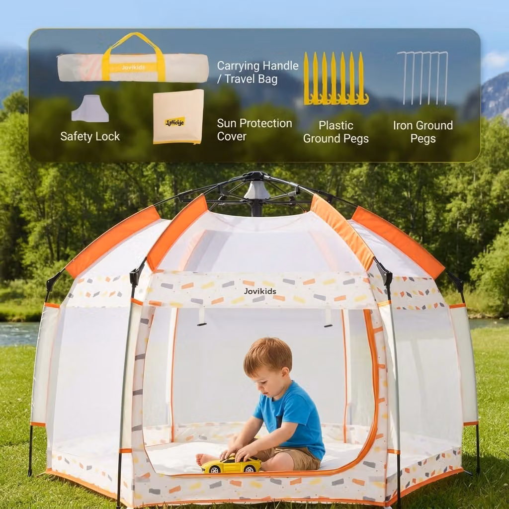 Aosom UK Pop-Up Baby Playpen with Removable Canopy and Breathable Mesh, Beige, W: 150 cm, D: 150 cm, H: 105 cm – 4