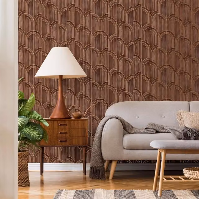 Sublime Modella Walnut Brown Wood Wallpaper in White and Gold, W: 52 cm