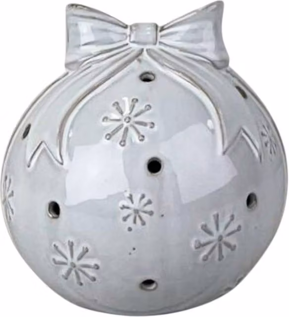 Four Candle White Glazed Ceramic LED Christmas Bauble with Bow and Snowflake Detail