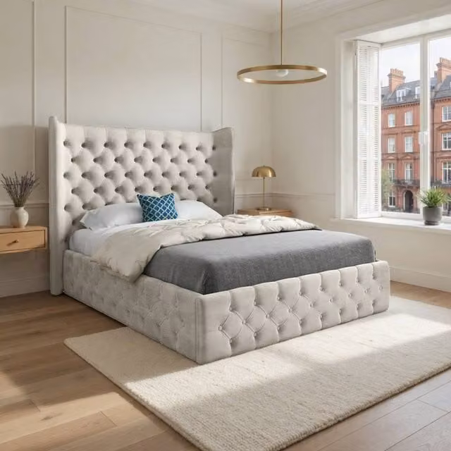 KDMD Leigh Wide Winged Upholstered Designer Bed Frame in Beige Soft Velvet, Size: Single (W/D/H: 90 x 190 x 137 cm) – 1