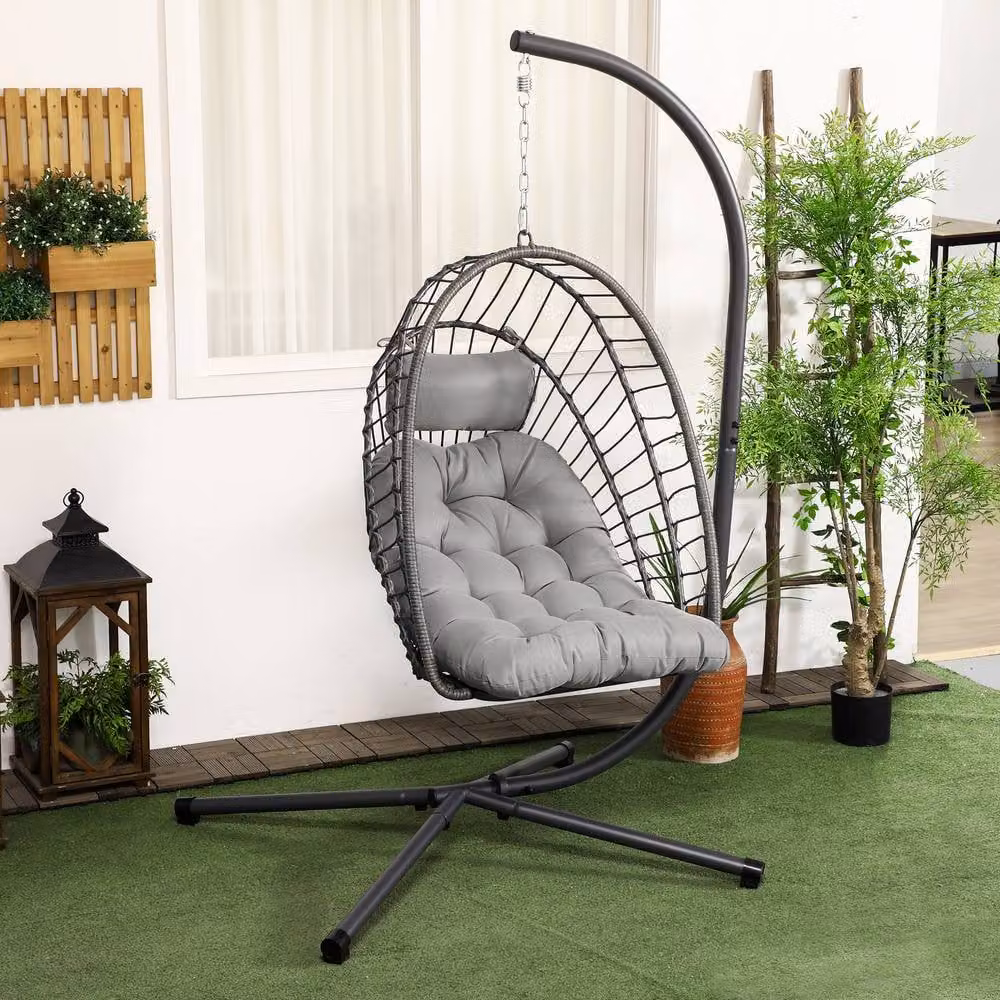 ERGOVEXA Modern Outdoor PE Rattan Egg Swing Chair with Stand and Cushions, Light Grey – 3