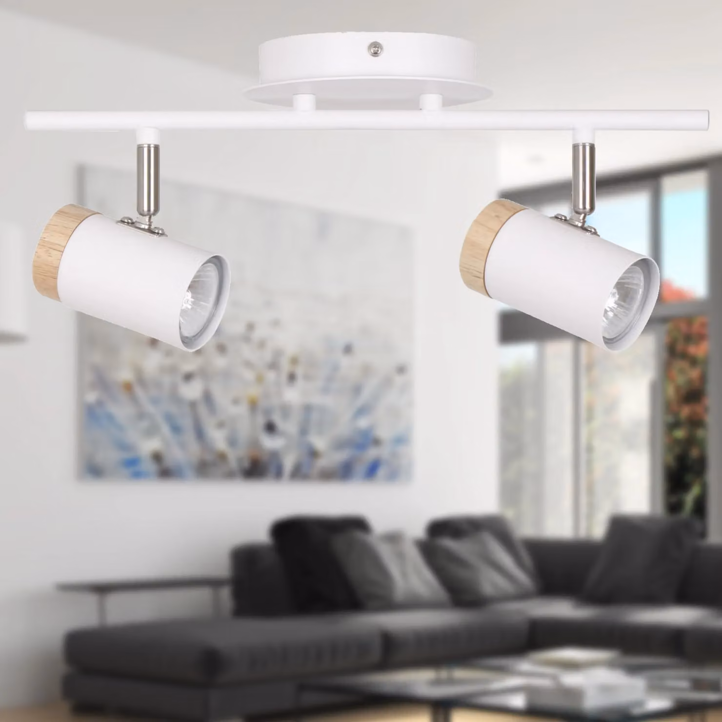 First Choice Lighting Stratton Set of 2 Two Way Up and Down Ceiling Spotlights in White and Wood – 2