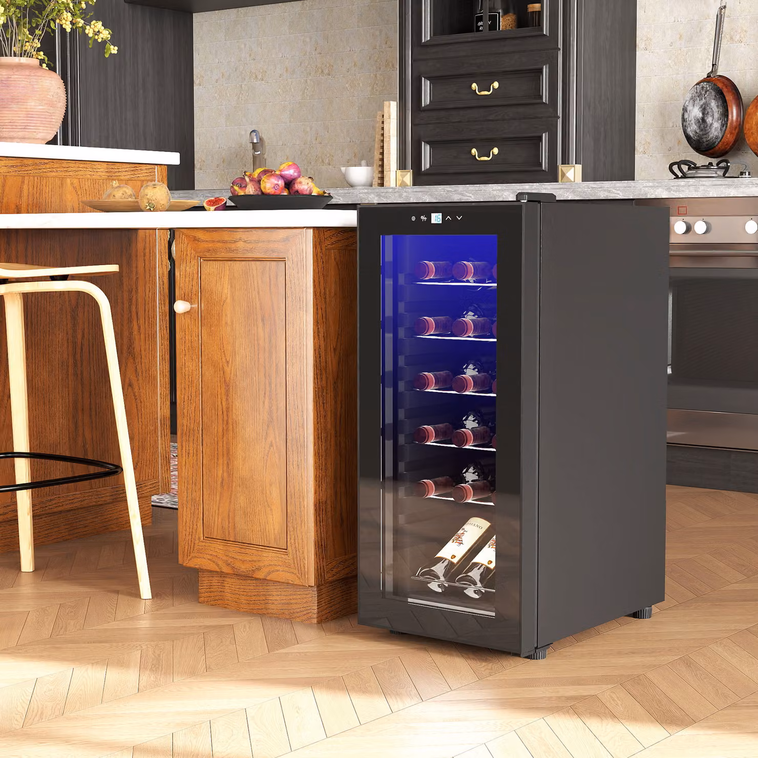 HOMCOM Freestanding Undercounter Wine Cooler Fridge with Digital Touch Screen, LED Interior Light and Glass Door, Black – 2