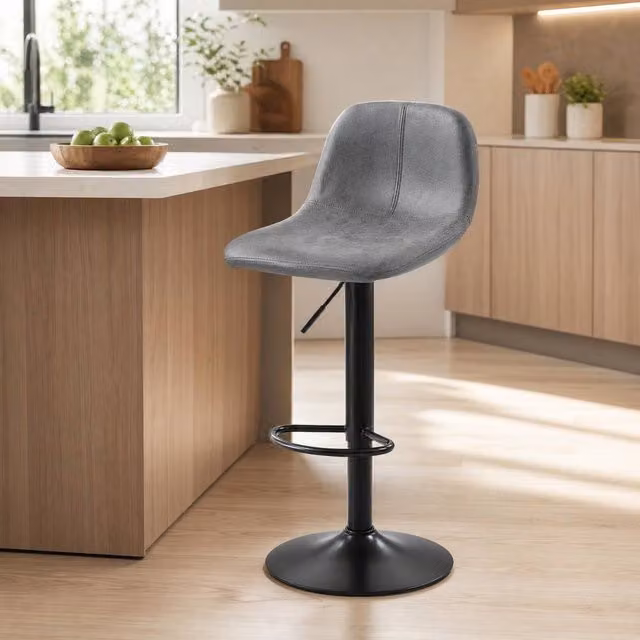 STILVORA Set of 2 Grey Synthetic Leather Bar Stools with Swivel and Adjustable Height