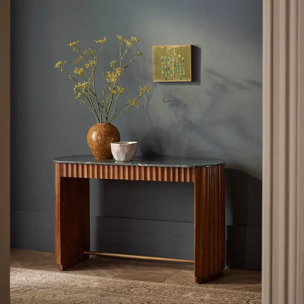 Atkin and Thyme Jude Fluted Marble Console Table in Green and Multicolour