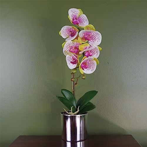 Leaf Harlequin Pink Artificial Orchid in a Silver Pot, Height: 46 cm – 1