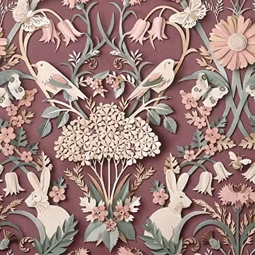 YöL Plum Purple Woodland Rabbit and Butterfly Luxury Paper Wallpaper – 1