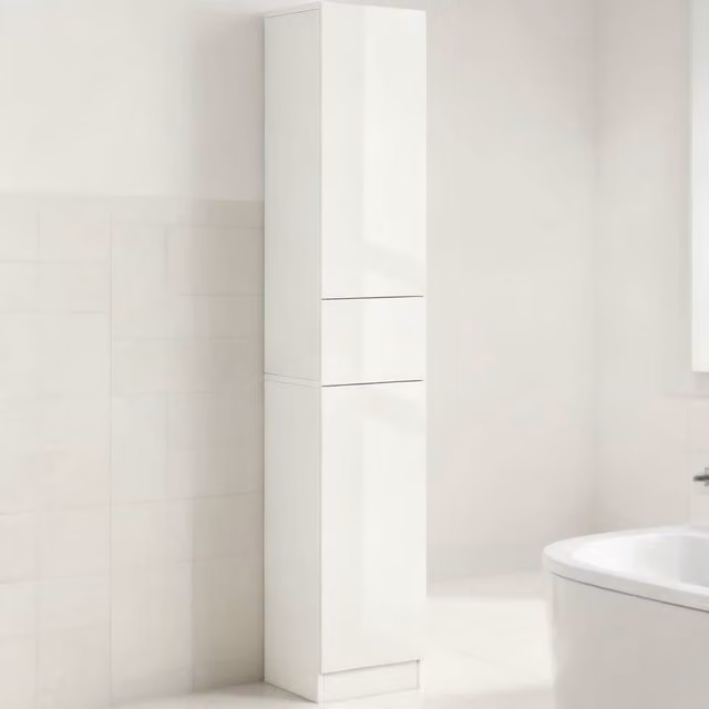 ERGOVEXA Tall White Glossy Bathroom Cabinet with Hinged Doors and Internal Shelves, H 170 x W 30 x D 28 cm