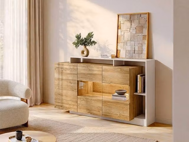 Vente-unique Modern 3-Door Sideboard with 3 Recesses and Integrated LED Lighting in Light Oak and White – 1