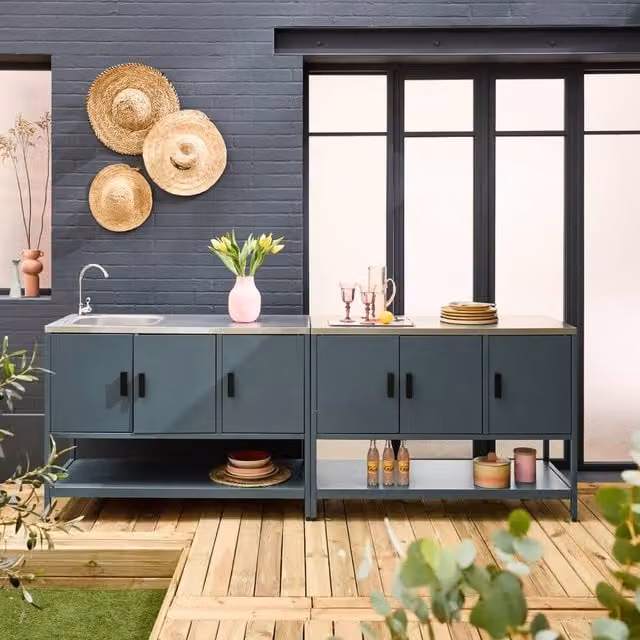 sweeek Outdoor Kitchen in Grey Stainless Steel, 2 Modules, W/D/H: 142 x 80 x 51 cm