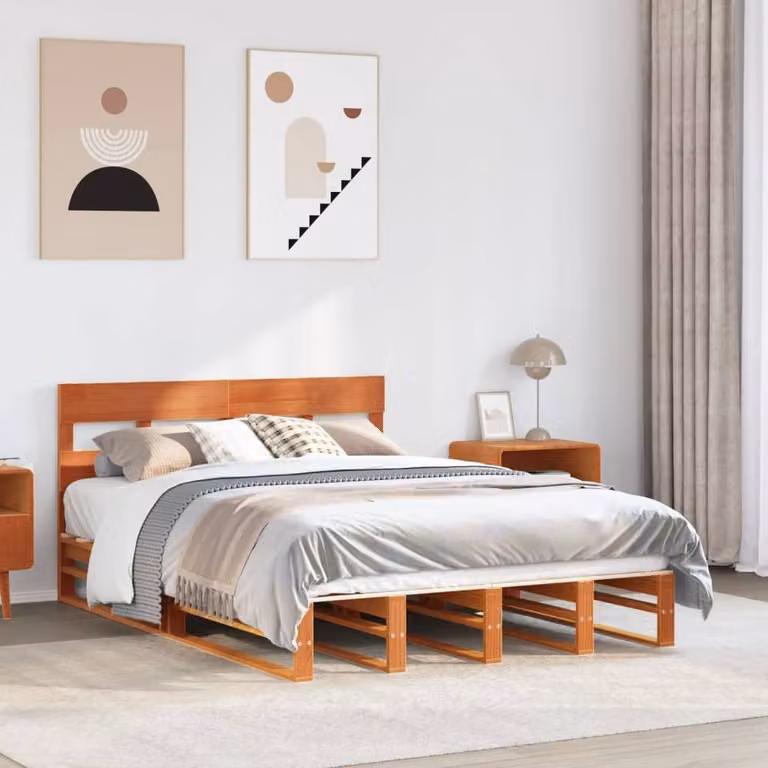 Berkfield Home Beautiful Solid Wood Bed Frame in Waxed Brown Pine, W/D/H: 140 x 192 x 82 cm
