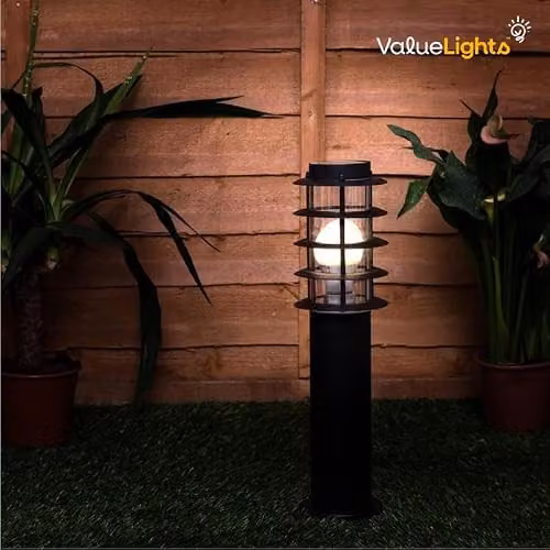 MiniSun Modern Black Stainless Steel LED Garden Bollard Light with 4W Warm White Bulb – 4
