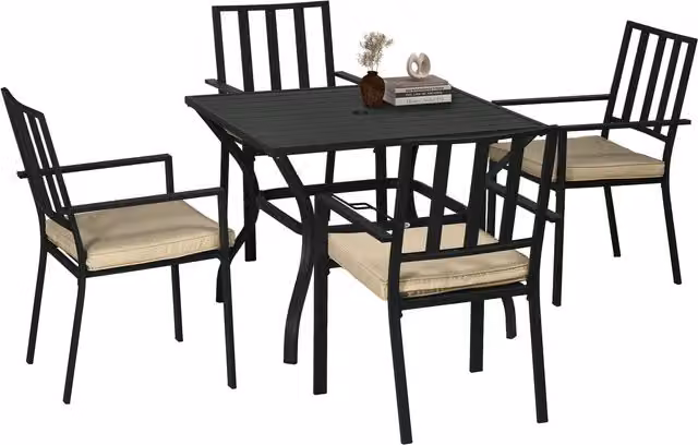 Outsunny 5-Piece Black Metal Outdoor Dining Set with Cushions and Umbrella Hole – 1