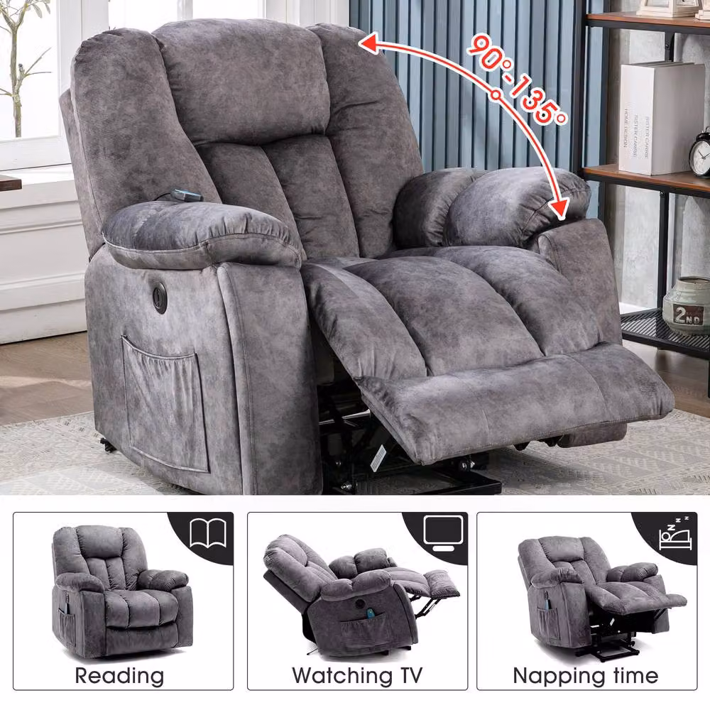 Rolipo Grey Velvet Power Lift Recliner Chair with Massage and Heat for Seniors – 8
